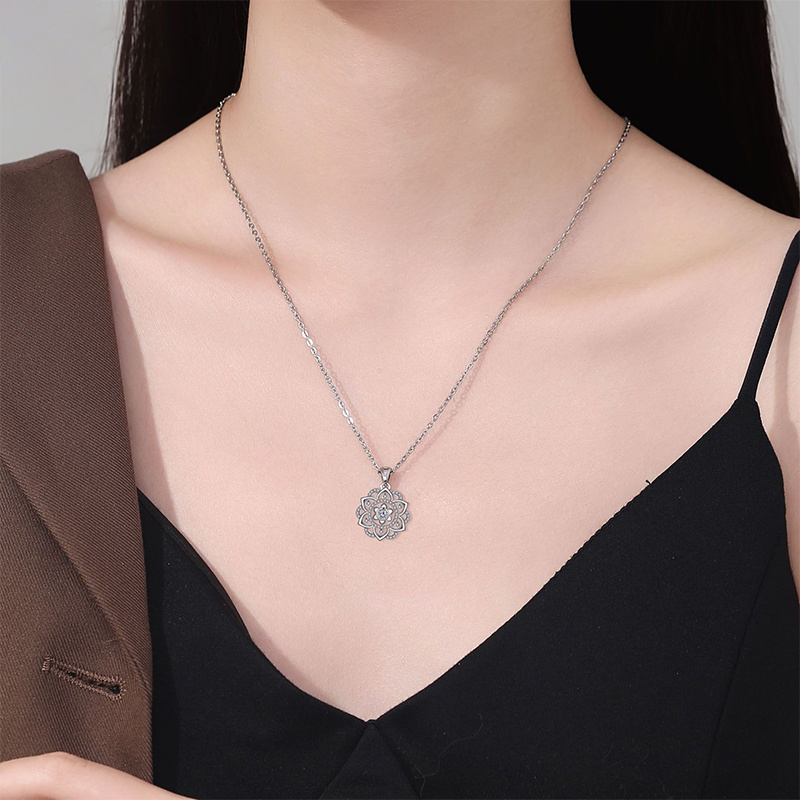 Women's S925 Silver Hollow Flower Necklace with Zirconia